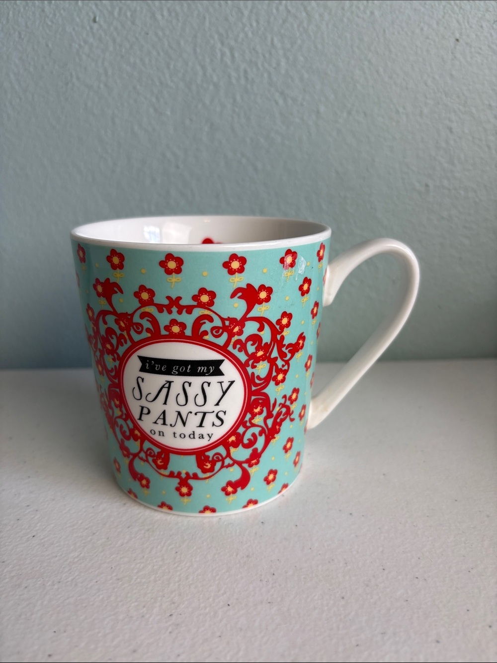 Pier 1 Aqua and Red 'Sassy Pants' Oversized Decorative Coffee Mug